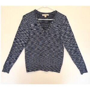 Michael Kors Knit Top Small Blue Space Dye‎ Lace Up V-Neck Long Sleeve Boho Chic